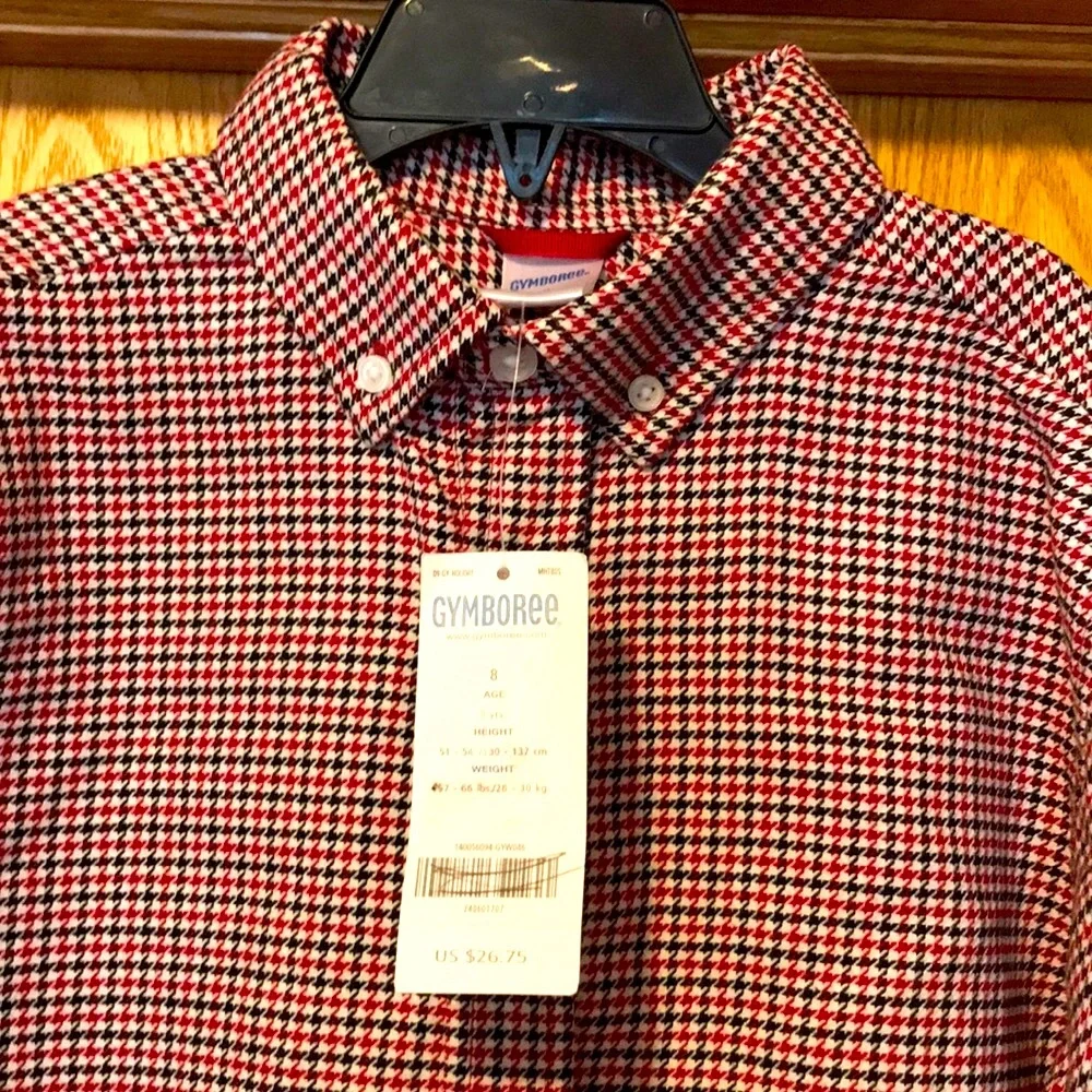 New Gymboree boy’s 8 Holiday Classics houndstooth button down shirt red black